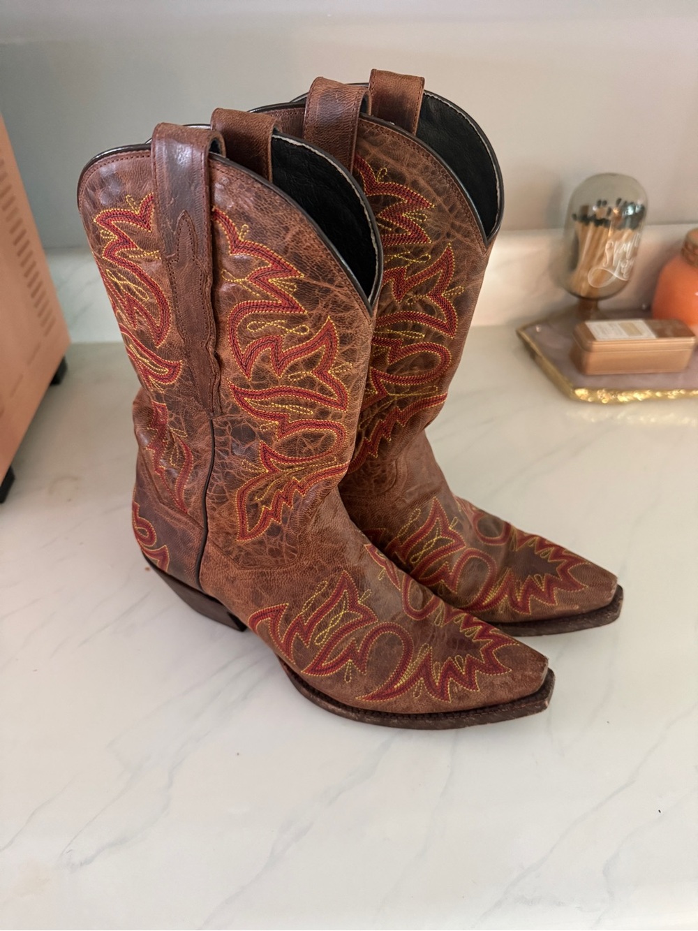 Vintage French’s Western Cowboy Boots Brown Leather Red Gold Embroidery Women 7